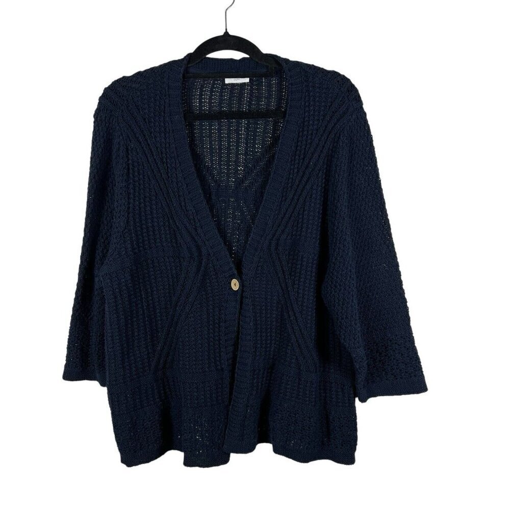 J Jill Womens Chunky Knit One Button Cardigan Size Large Navy Sweater Grannycore